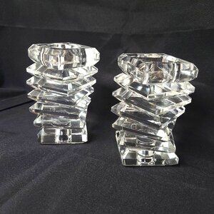 Pair of Double Sided Candle Holder 5” Tall Geometric Stacked Design Heavy READ